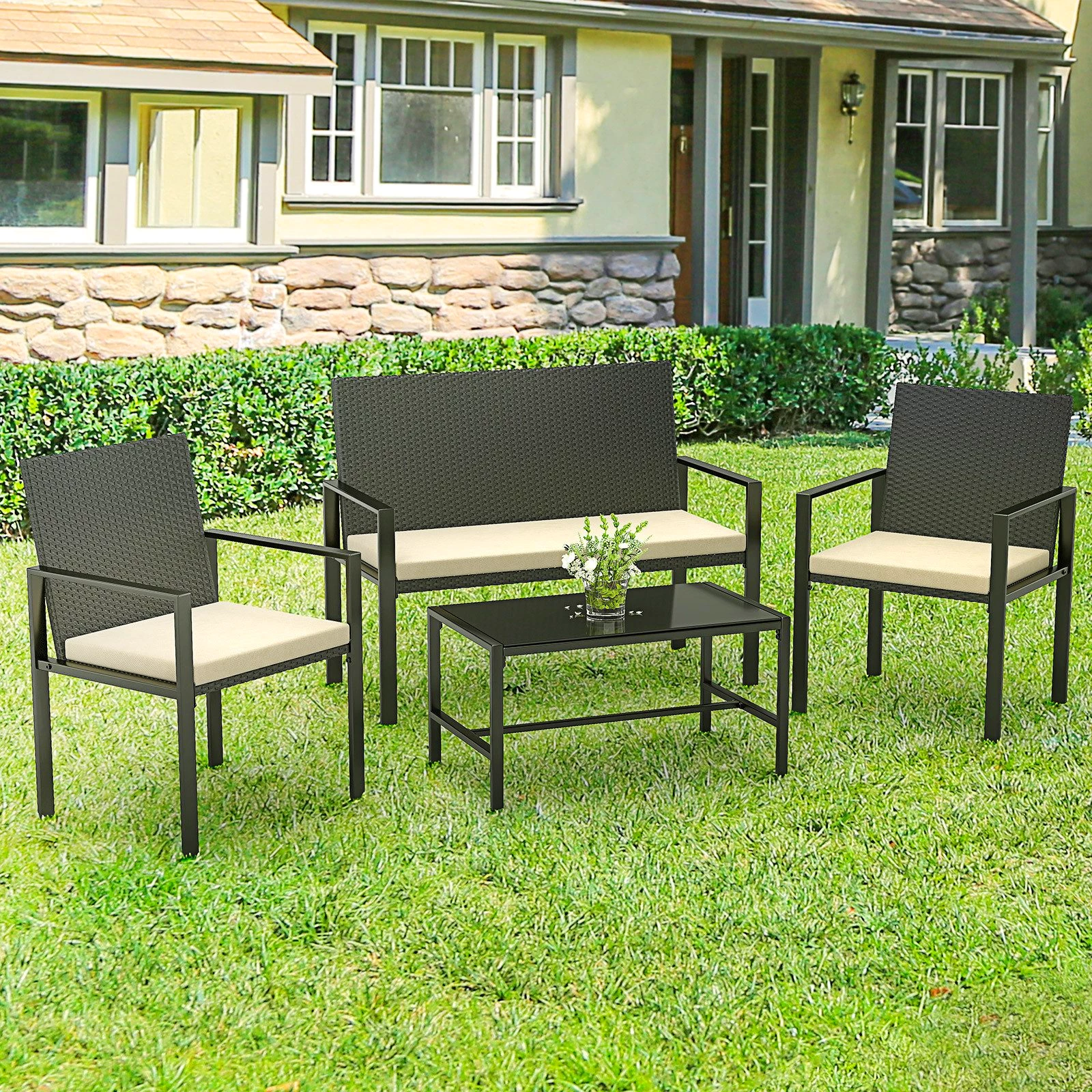 BIGZZIA Gartenlounge-Set Gartenmöbel-Set für den Außenbereich aus Rattan, 4-teilig