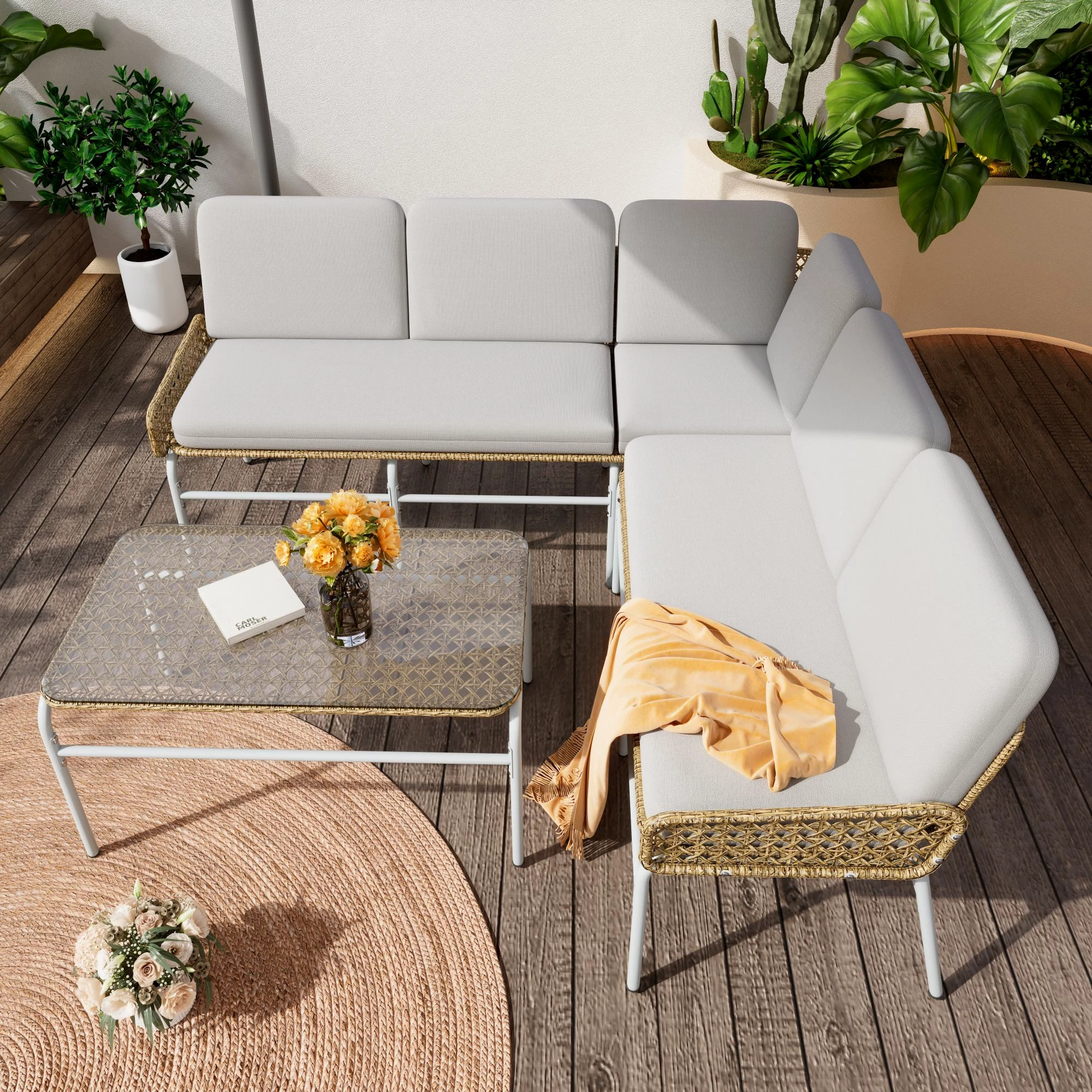 Flieks Gartenlounge-Set, 5-Sitzer Gartenmöbel Polyrattan (2-Sitzer Sofa + 3-Sitzer Sofa +Tisch)