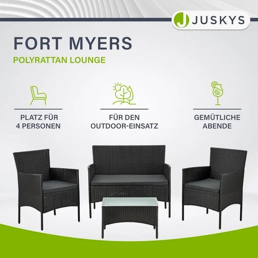 Juskys Gartenlounge-Set Fort Myers, wetterfeste Polyrattan Sitzgruppe für 4 Personen